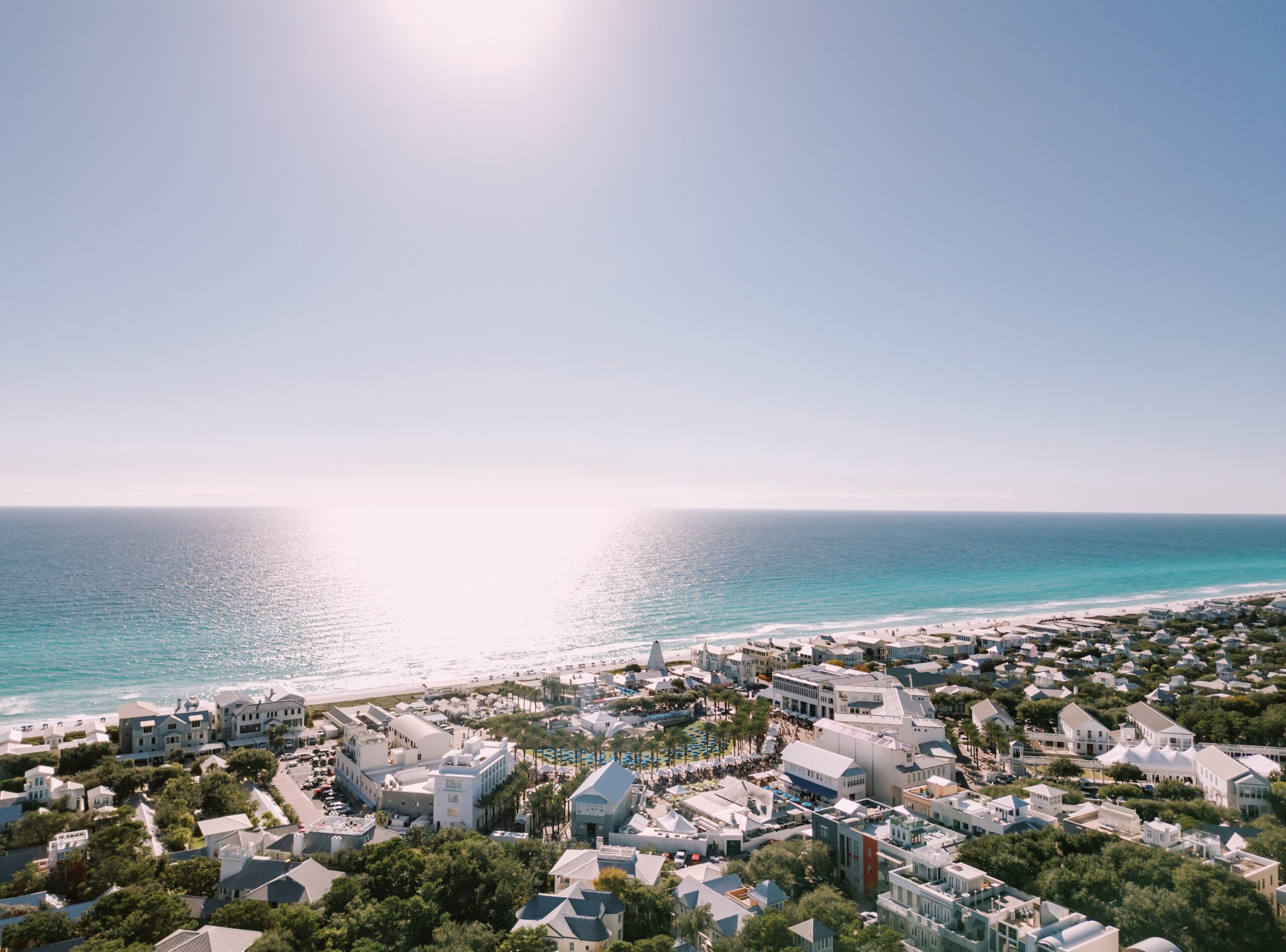 Aerial view of the beach near The Court, Seaside's adults-only boutique hotel in Seaside, FL.